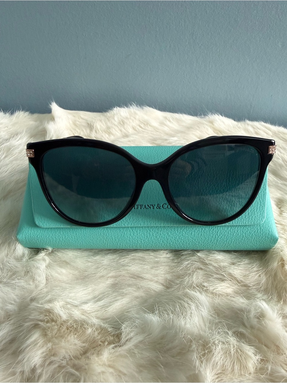 Tiffany & Co. Classic Black Frame Azure Blue Rounded Cat Eye Sunglasses